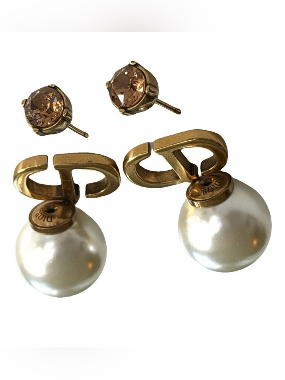 Dior Antique Gold Finish and Pearl Stud Earrings